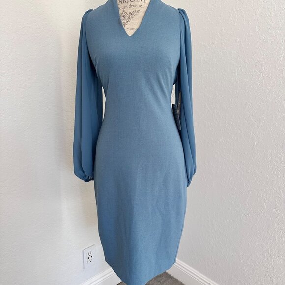 Vince Camuto Dusty Blue Chiffon V-Neck Crepe Dress Size 2 - Picture 2 of 7